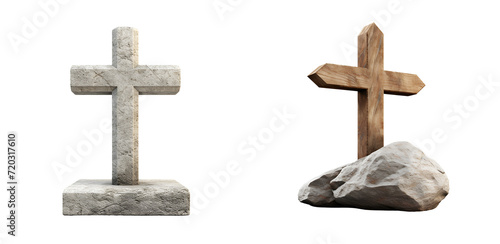 Compilation of Wooden and Stone Crosses on the Pebble, Cross of Christianity, Religious Iconography, Isolated on Transparent Background, PNG