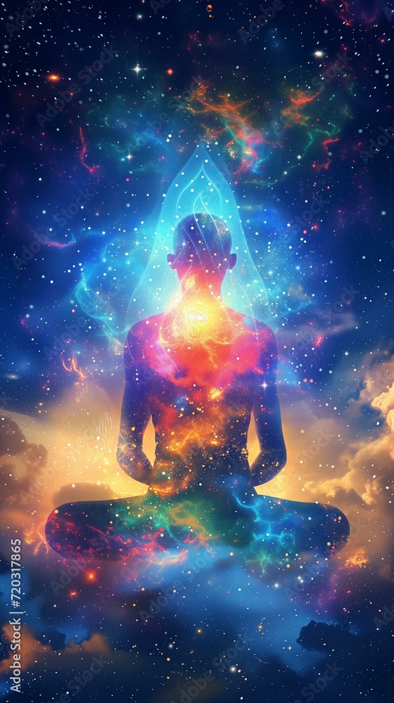 meditating body silhouette with chacras and cosmic energy meditating body silhouette with chacras and cosmic energy