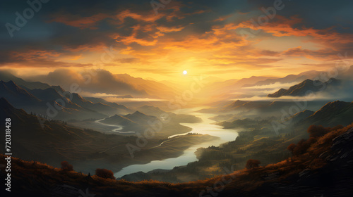 Landscape scenery illustrations,, Sunset over the majestic mountain creates a tranquil seascape beauty  © Amjid