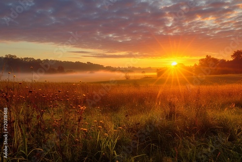 Colorful autumn sunrise on meadow