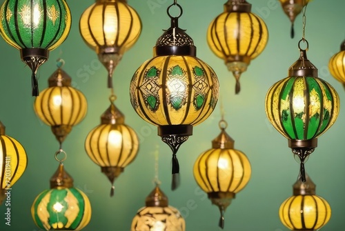 pattern of Arab lanterns on a green Gold background close up, Ramadan concept 