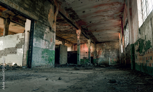 hall of an abandoned factory after the bombing in Ukraine