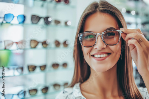 Beautiful young woman in eyeglasses is looking at camera and smiling while standing in optics store