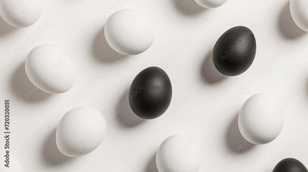 Aesthetic flat lay of white eggs with one black egg White background. Creative accent concept. Copy space. Generative AI