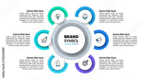 Infographic template. 6 circles with icons and a title in the middle