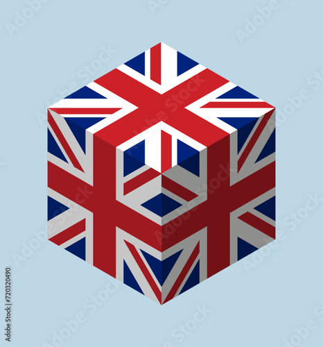 Isometric cube with flag of United Kingdom. 
