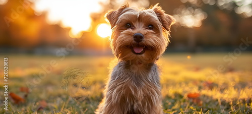 happy yorkshire terrier in the autumn grass photo