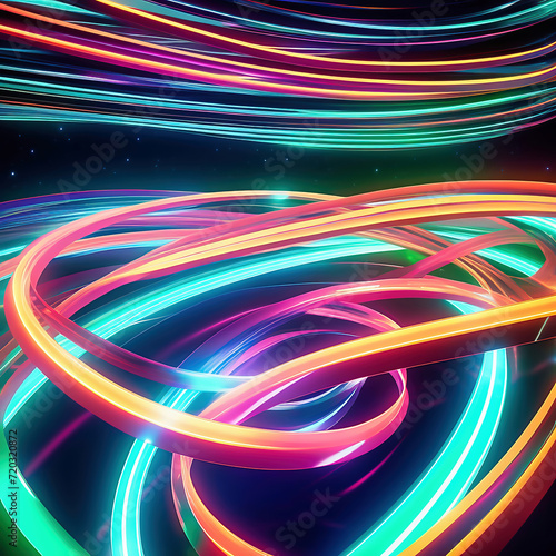 3d render. Abstract panoramic background of twisted dynamic neon lines glowing