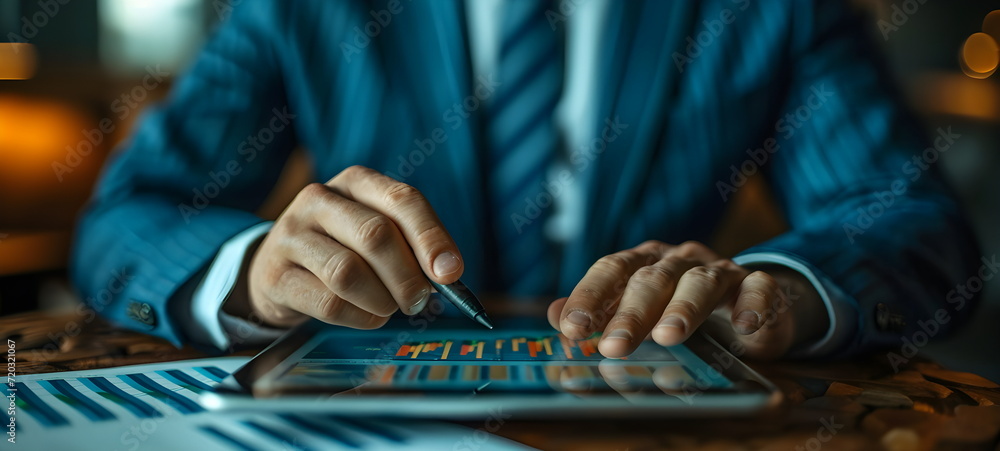 A businessman in a suit creates charts on a tablet. Finance, cryptocurrency. Financial literacy.