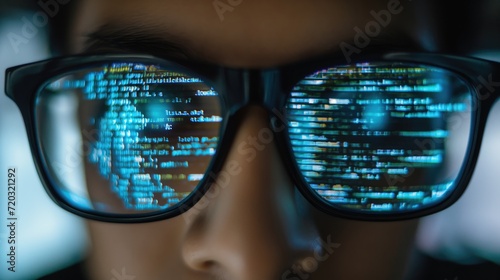 Reflection of computer code in programmer's glasses