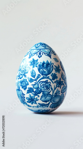 Aesthetic easter egg in traditional blue ethnic painting style. White background. Copy space. Generative AI