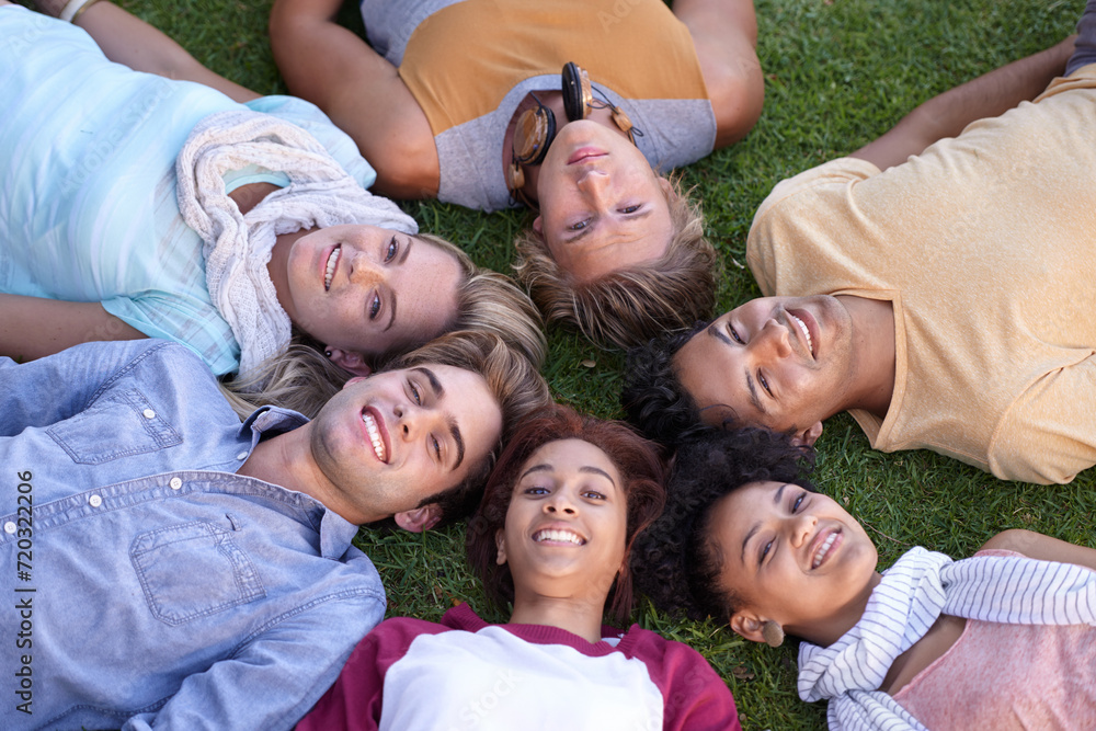 Top view, friends and portrait of group on grass at park on vacation, holiday or summer travel. Above, smile and face of students on lawn, relax in nature and freedom of community together in circle