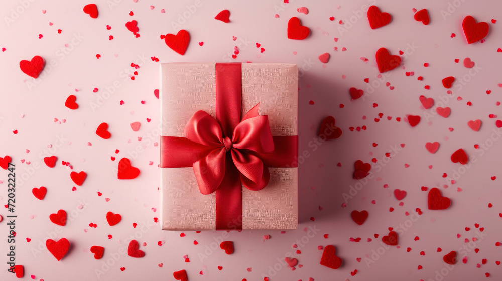 Top view of aesthetic gift in craft box with ribbon. Pink hearts confetti background. Greeting concept. Generative AI Top view of aesthetic gift in craft box with ribbon. Pink hearts confetti background. Greeting concept. Generative AI