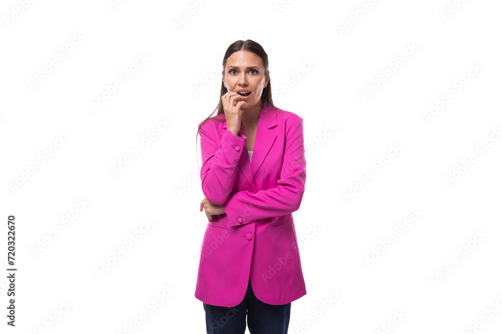 young well-groomed European brunette with black straight hair dressed in a stylish crimson jacket is worried young well-groomed European brunette with black straight hair dressed in a stylish crimson jacket is worried