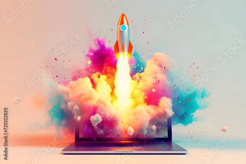 Space rocket launching from a laptop screen on a solid matte background. photo