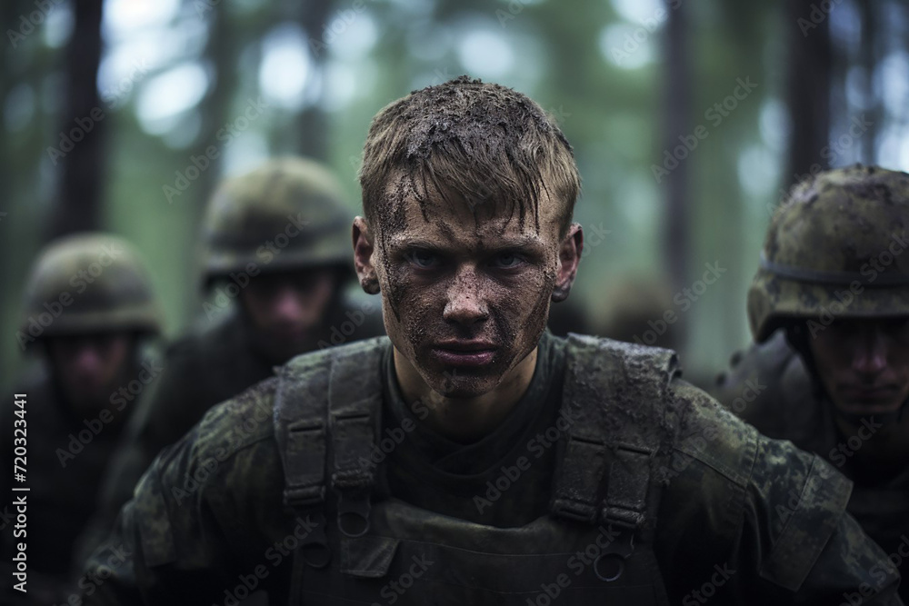 Soldier on the war during military operations, clothes and face in mud, forest on the background