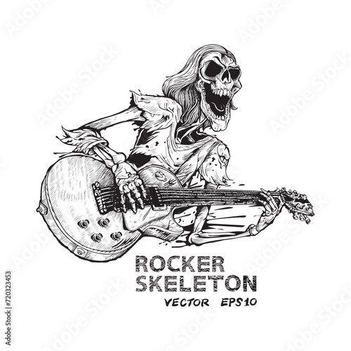 Hand Drawn Of Skeleton Musician Rocker Playing Guitar Images, Illustration, Poster, Postcard, Vector , Tshirt, ceramic.