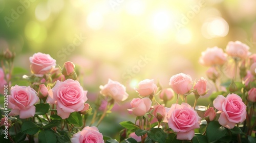 Fototapeta Naklejka Na Ścianę i Meble -  Lush pink roses basking in the warm, golden sunlight of a serene garden