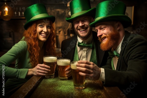 Group of friends toasting with green beer in pub. St. Patrick's Day celebration. They are dressed in carnival headgear and clothes with green shades. 