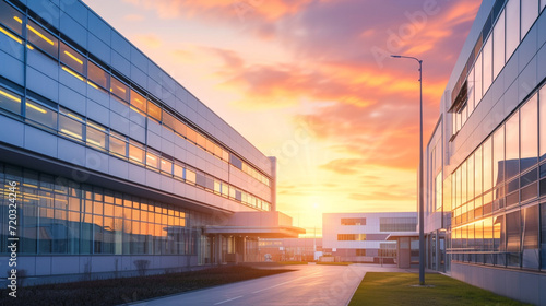 The exterior of a modern hospital building at dawn, symbolizing hope and a new start, hospital, dynamic and dramatic compositions, with copy space
