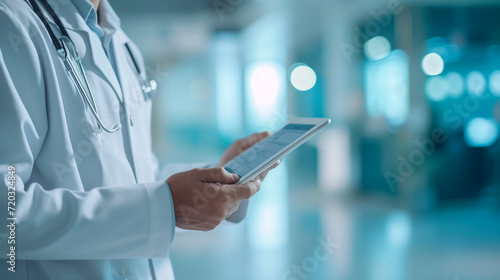 A close-up of a doctor reviewing a digital tablet with patient data, with a clinical backdrop, hospital, dynamic and dramatic compositions, with copy space