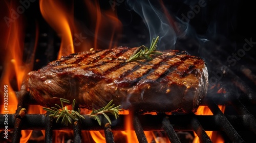 Grilled meat steak on stainless grill depot with flames on dark background. 