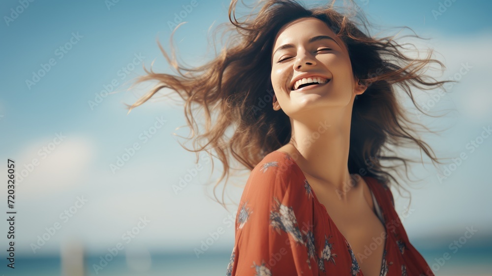 carefree woman with joyful expression, smiling while standing in relaxed carefree woman with joyful expression, smiling while standing in relaxed