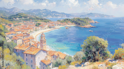 Vibrant French Mediterranean landscape painting, showcasing a coastal village, azure sea, and mountain backdrop under a clear sky.