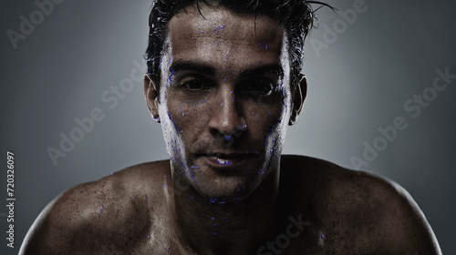 Fotografía Portrait, man and water with skincare, sweating and dermatology on a grey studio background