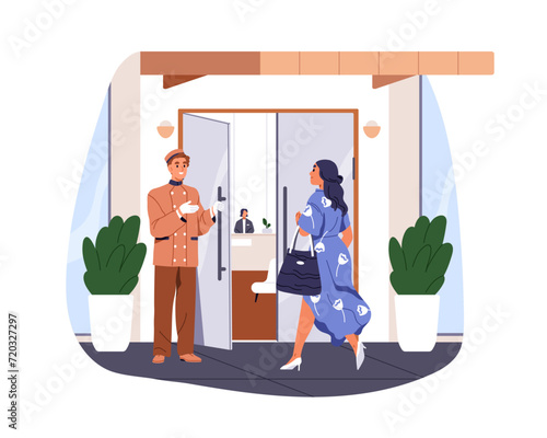 Hotel doorman opening door for woman guest. Porter in uniform greeting, welcoming client at entrance, entry to lobby. Hospitality service. Flat vector illustration isolated on white background