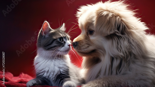 Chic Minimalism Love Cat Dog in Romantic Harmony Background Ai Generative