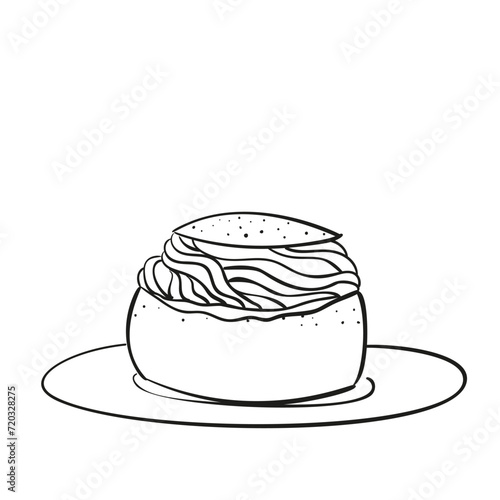 Traditional Swedish semla Hand drawn illustration line doodle, Vector sketch of sweet pastry on plate, Round wheat bun with sweet almond paste and whipped cream filling