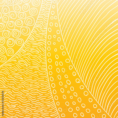 Hand drawn pattern of white wavy lines, small circles, spirals on yellow gradient, Abstract background inspired by indigenous aboriginal art and impressionism