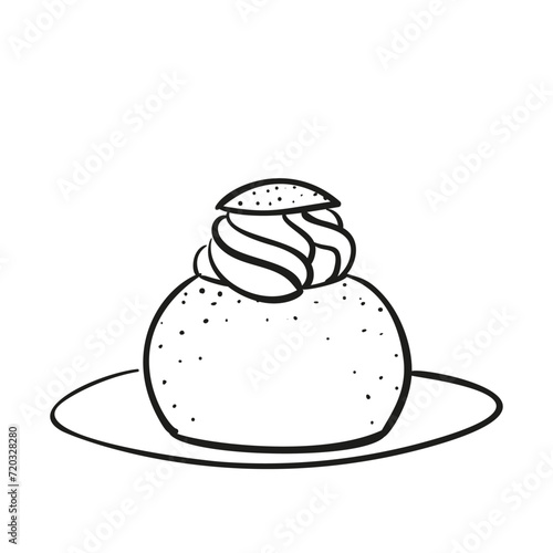 Traditional Swedish semla, hand drawn doodle, sketch of sweet pastries on a plate, round wheat bun with sweet almond paste and whipped cream filling, vector illustration