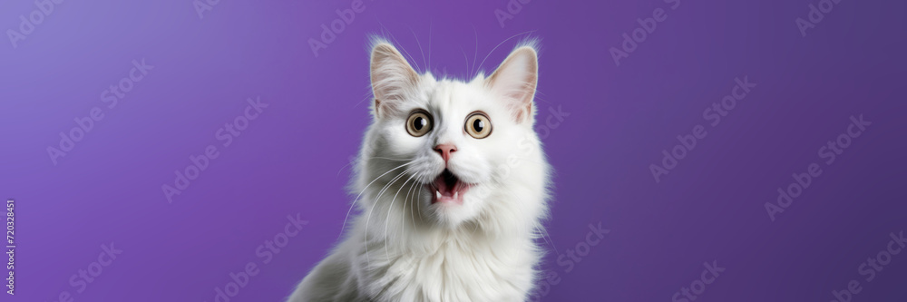Horizontal banner with copyspace. Frightened, surprised white fluffy cat with his mouth open on purple background. Concept of joy, surprise, expectation, pet care, domestic animal, fur, emotion, shop