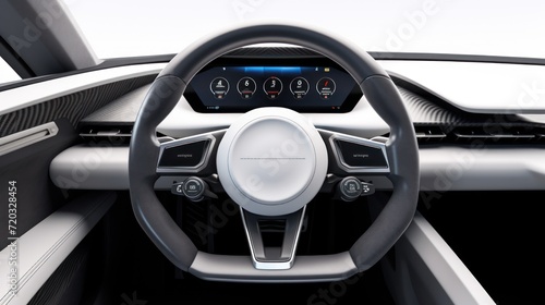 Modern car interior. Steering wheel with media phone control buttons  © CStock