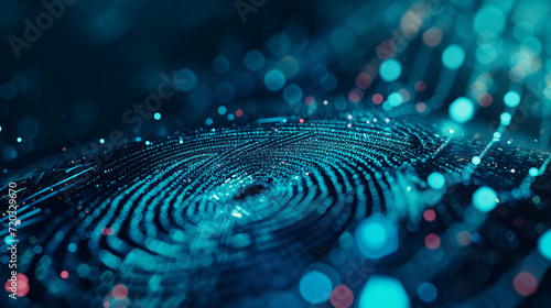 Macro of a fingerprint. Biometric cybersecurity concept. Blue abstract background