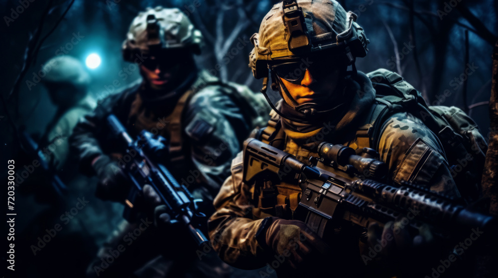 group of soldiers in full gear conducting a nighttime training exercise, illuminated by the glow of tactical lights, illustrating preparedness and resilience
