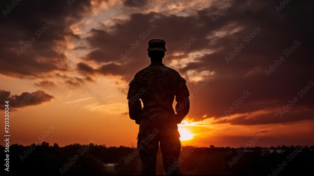 back view of a soldier's silhouette against a vivid sunset, representing the dedication and sacrifice of those who serve