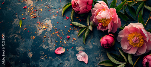 Fototapeta Naklejka Na Ścianę i Meble -  pink peonies on a dark background with space for text