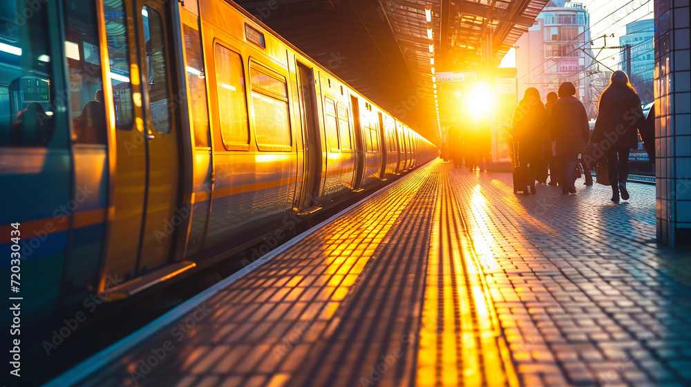 Bustling city train platform during a vibrant sunset - obrazy, fototapety, plakaty 