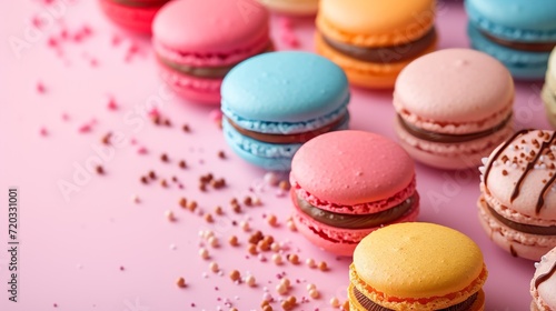 Colorful assortment of macarons sprinkled with sugar on a pastel background.