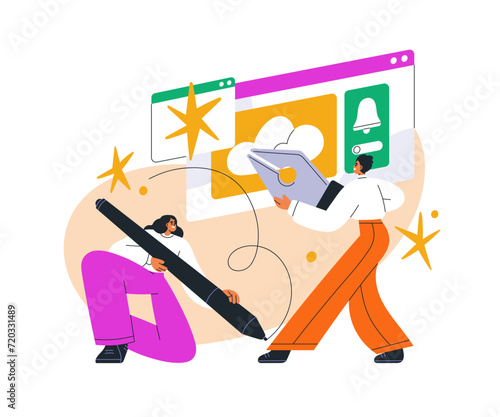 Creative designers work under digital virtual visual content. Online marketin...