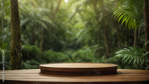 Wooden podium in forest for product presentation and green background.