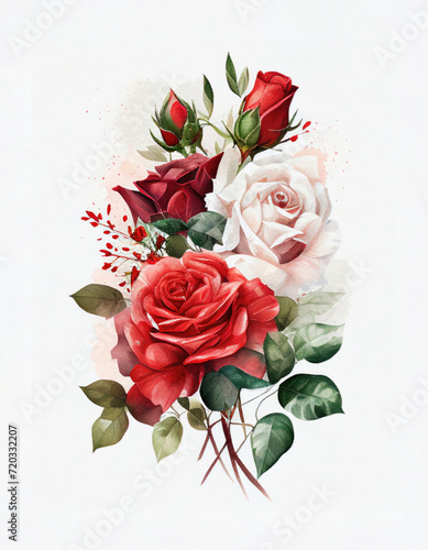 Watercolor Bouquet of Red Roses Illustration Isolated on White Background. Colorful Digital Floral Art