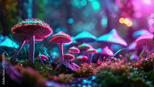 The jungle floor is illuminated by neon mushrooms casting a fluorescent glow on the curious creatures that call it home. photo