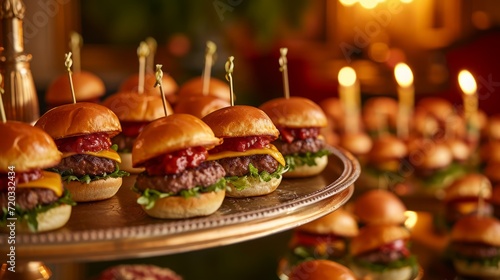 Gourmet mini-burgers elegantly presented on a silver platter.