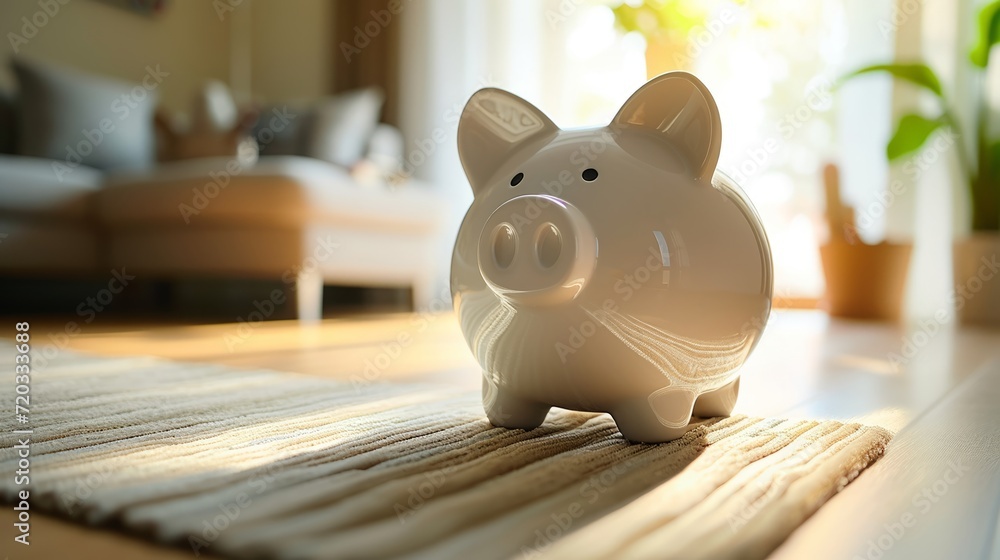 Ceramic piggy bank on wooden table against a blurred cafe background. Ceramic piggy bank on wooden table against a blurred cafe background.