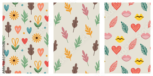 Doodle and abstract icons seamless pattern set. Heart, lips, flowers and leaves repeat on light background. Color shapes in hand-matisse style. Vector illustration.