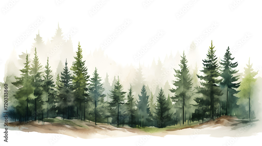 Fototapeta premium forest of pine tree drawing in watercolor panorama view